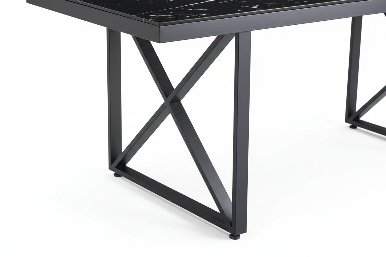 Table repas LEVANTO métal noir plateau en verre trempé #couleur_marbré-noir