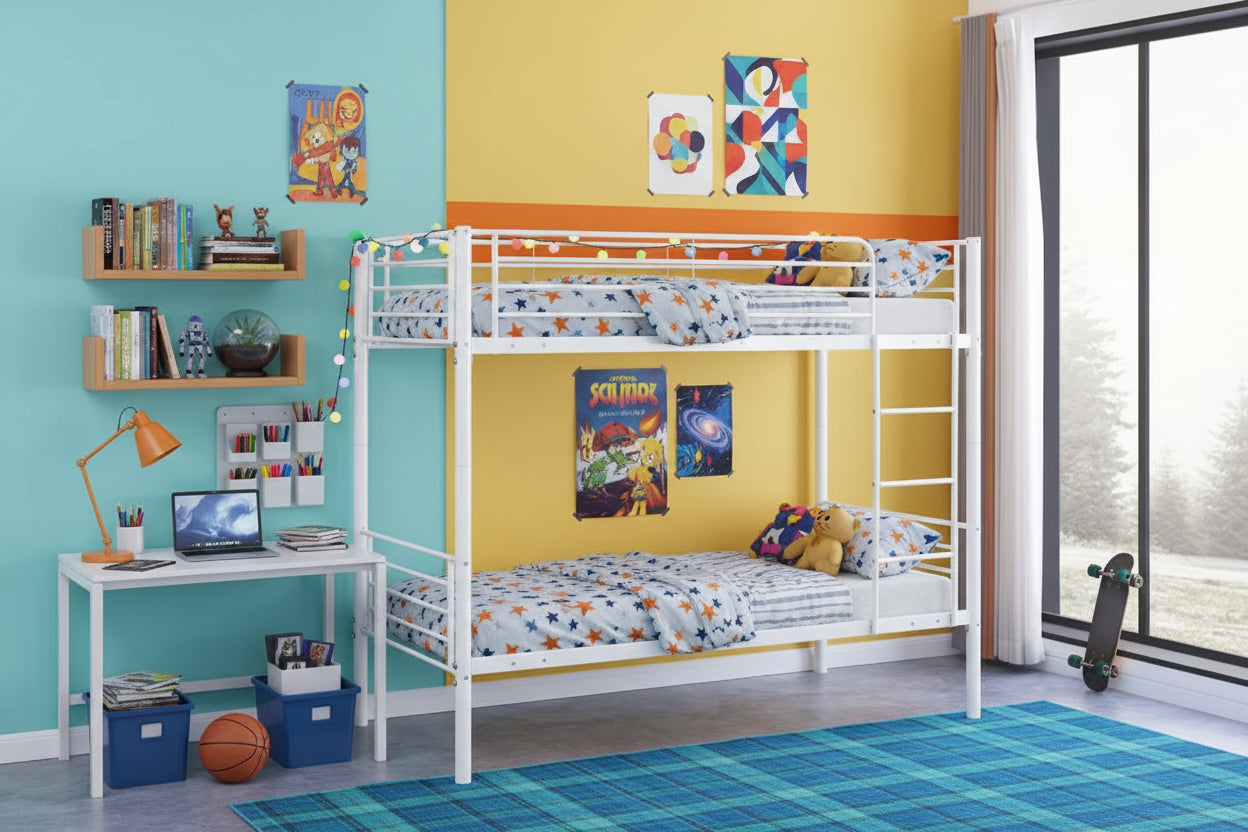 Pack Lit superposé séparable métal 2 couchages 90x190 cm blanc + 2 matelas LUNA