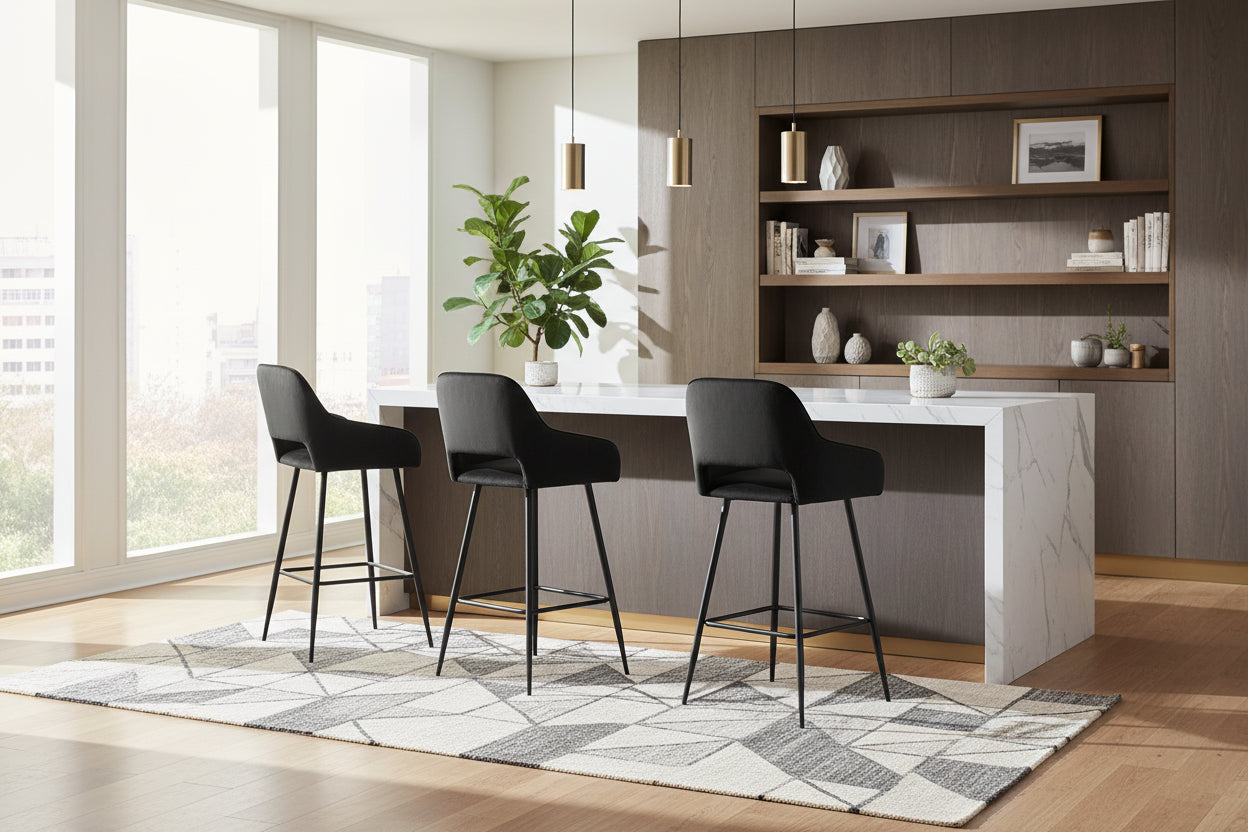 Lot 2 Tabourets de Bar Athena Velours Noir Pieds Métal Noir 47x41x104cm