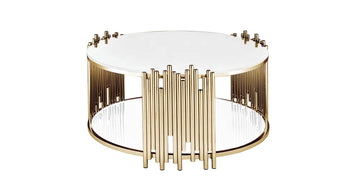 Table Basse ronde STICK Gold et plateau en verre BLANC D90 H45 cm