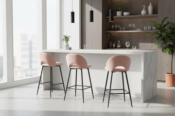 Lot 2 Tabourets de Bar Teddy Velours Rose Pieds Métal Noir 47x36x98cm