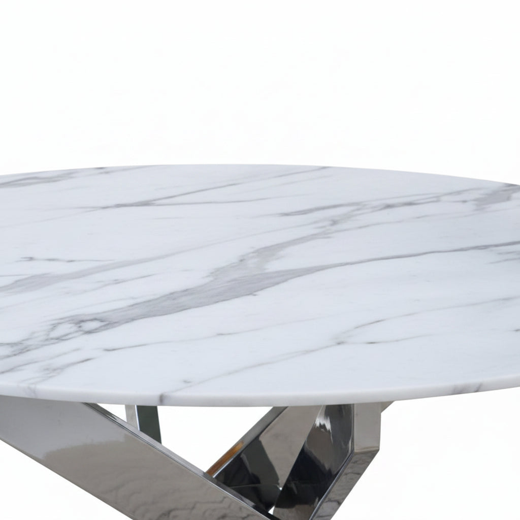 Table basse ronde JESSY pieds chrome et plateau en verre MARBRE BLANC 80 cm