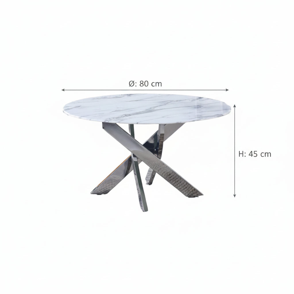 Table basse ronde JESSY pieds chrome et plateau en verre MARBRE BLANC 80 cm