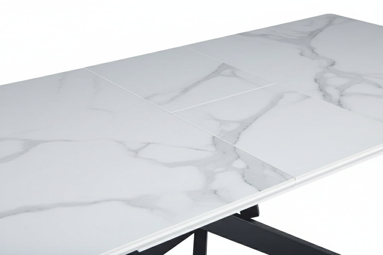 Table à Manger Extensible Céramique Marbré Blanc – Métal Noir – 160 à 200 cm - AGATHE