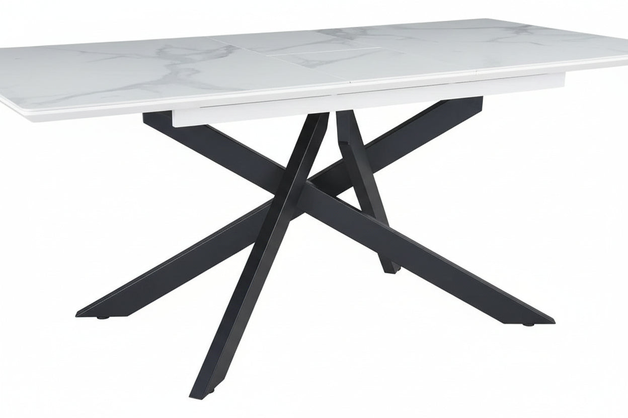 Table à Manger Extensible Céramique Marbré Blanc – Métal Noir – 160 à 200 cm - AGATHE