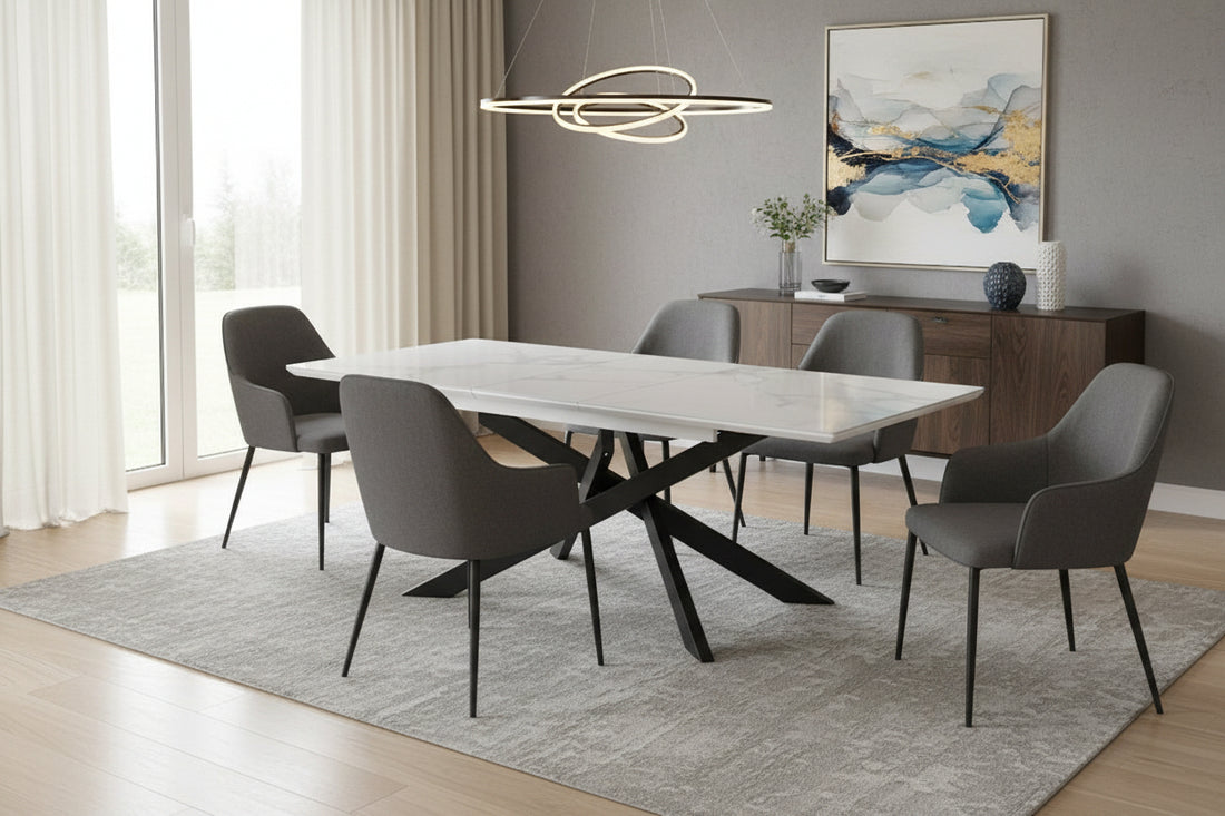 Table extensible AGATHE métal noir plateau Céramique #couleur_marbré-blanc