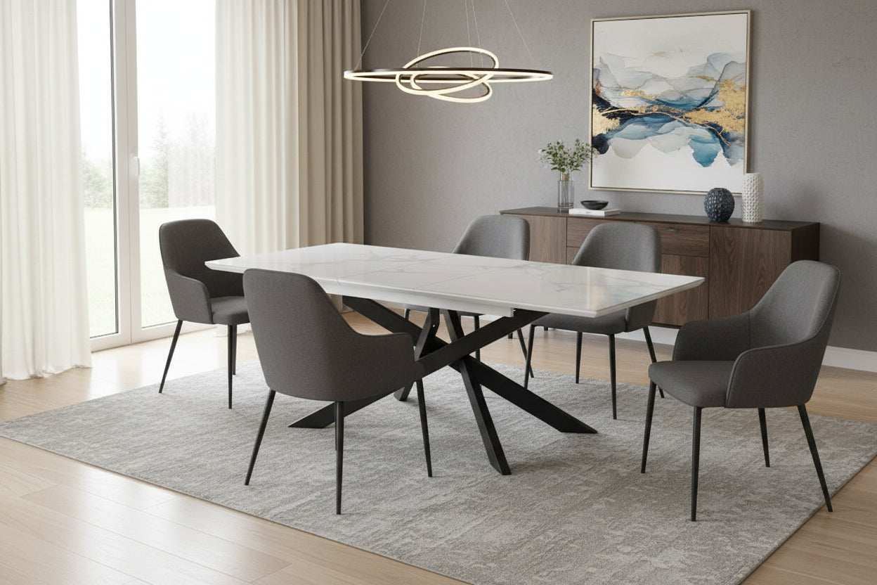 Table à Manger Extensible Céramique Marbré Blanc – Métal Noir – 160 à 200 cm - AGATHE