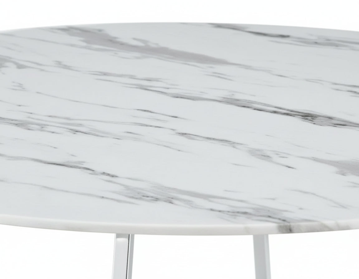 Table à manger ronde HELOISE Chrome - Plateau Marbré Blanc D120 cm
