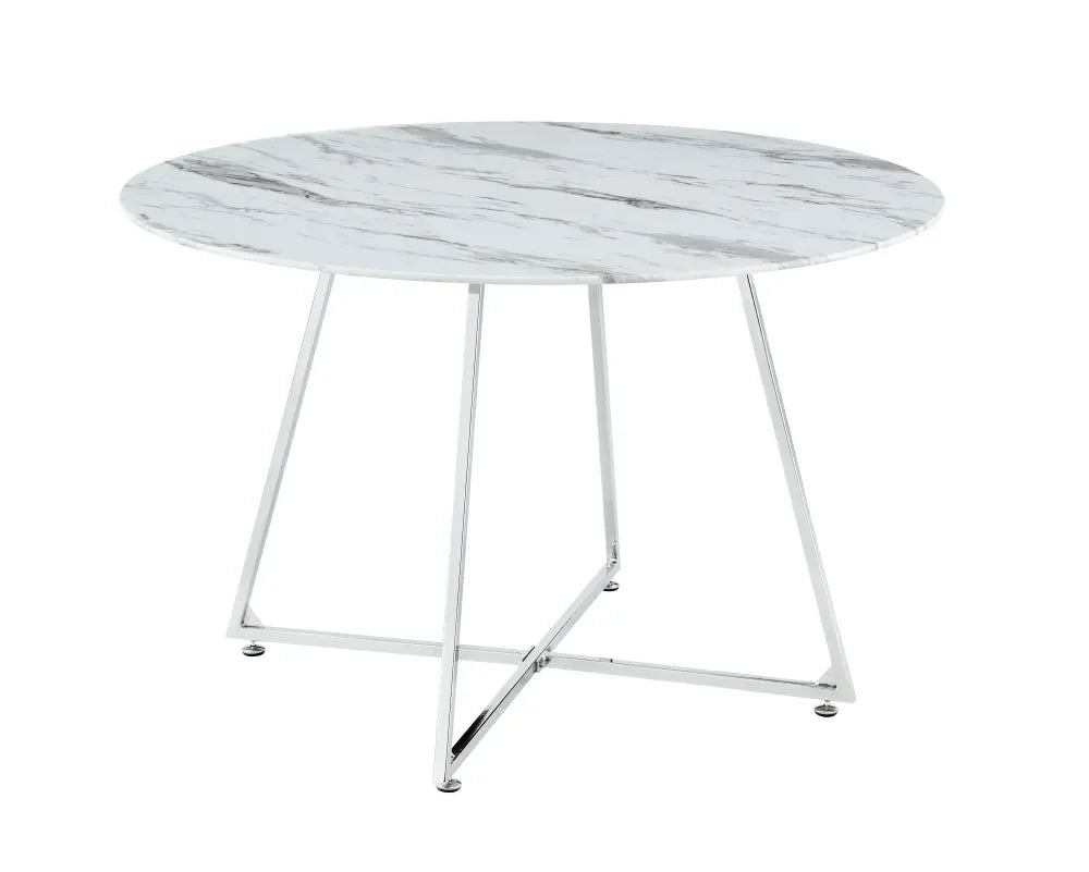 Table à manger ronde 4 personnes HELOISE Chrome en verre trempé D120 cm #couleur_marbré-blanc
