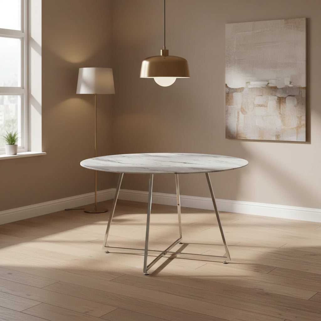 Table à manger ronde 4 personnes HELOISE Chrome en verre trempé D120 cm #couleur_marbré-blanc