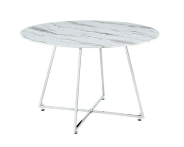 Table à manger ronde 4 personnes HELOISE Chrome en verre trempé D120 cm #couleur_marbré-blanc