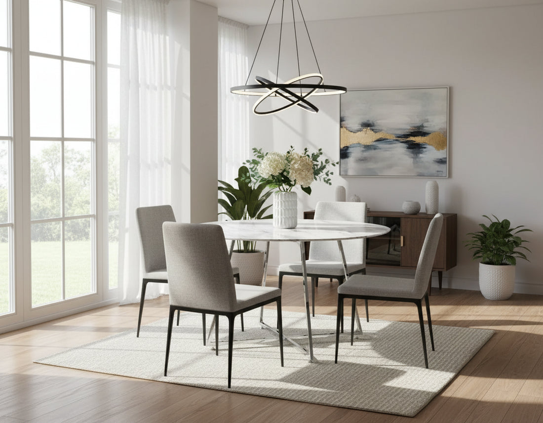 Table à manger ronde 4 personnes HELOISE Chrome en verre trempé D120 cm #couleur_marbré-blanc