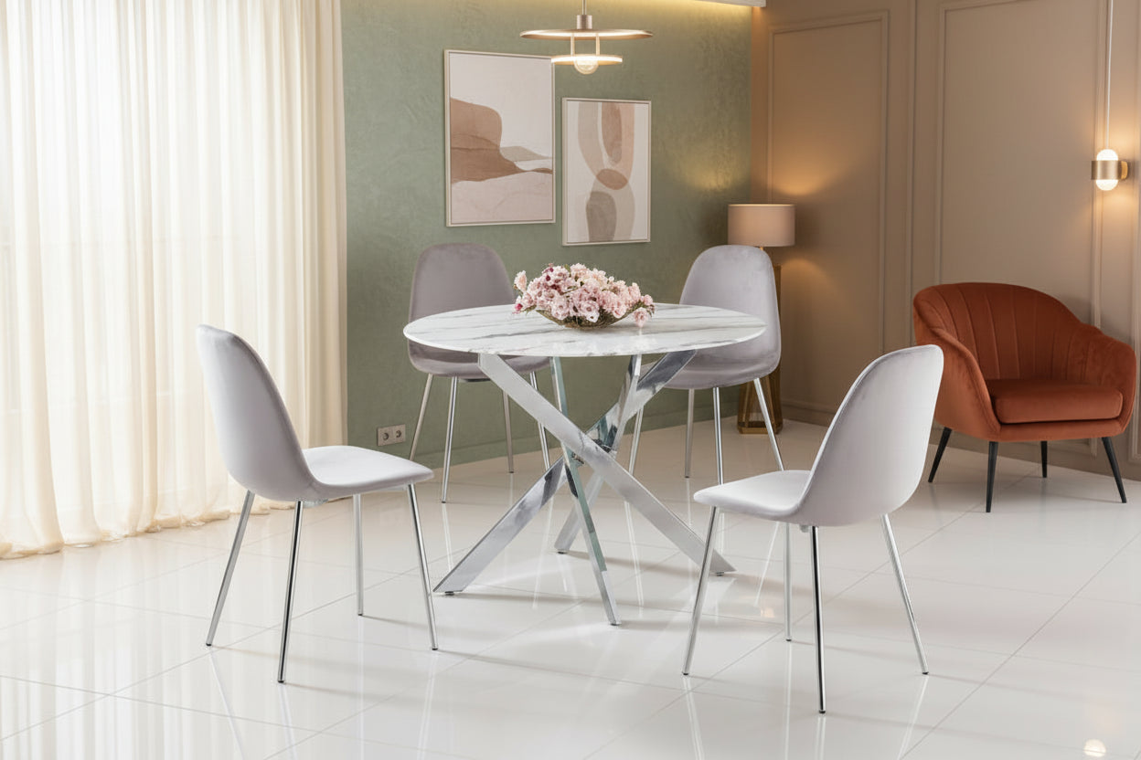 Table à manger ronde JESSICA chrome 100 cm 4 couverts #couleur_marbré-blanc