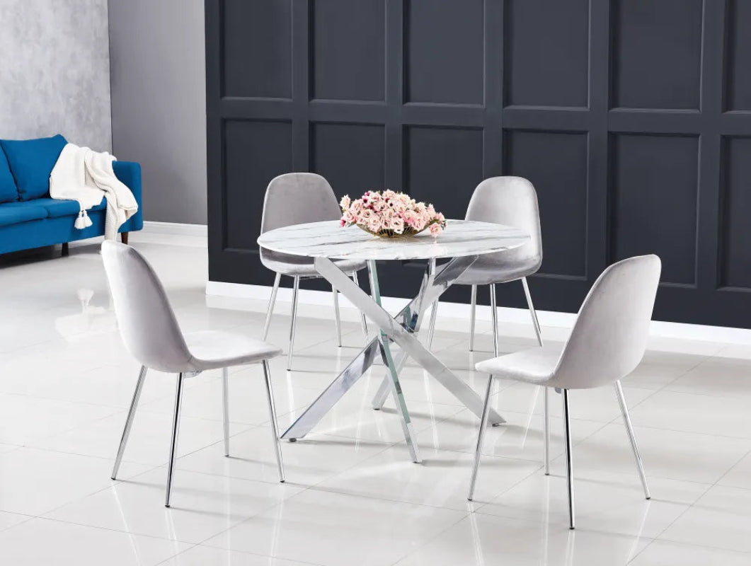Table a manger ronde JESSICA chrome XXL 120 cm 4 couverts #couleur_marbré-blanc