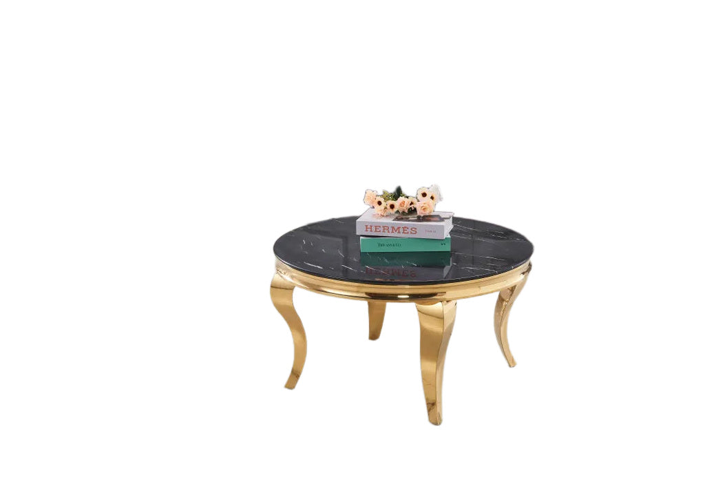 Table basse ronde baroque Gold et plateau en verre MARBRE NOIR de 80 cm
