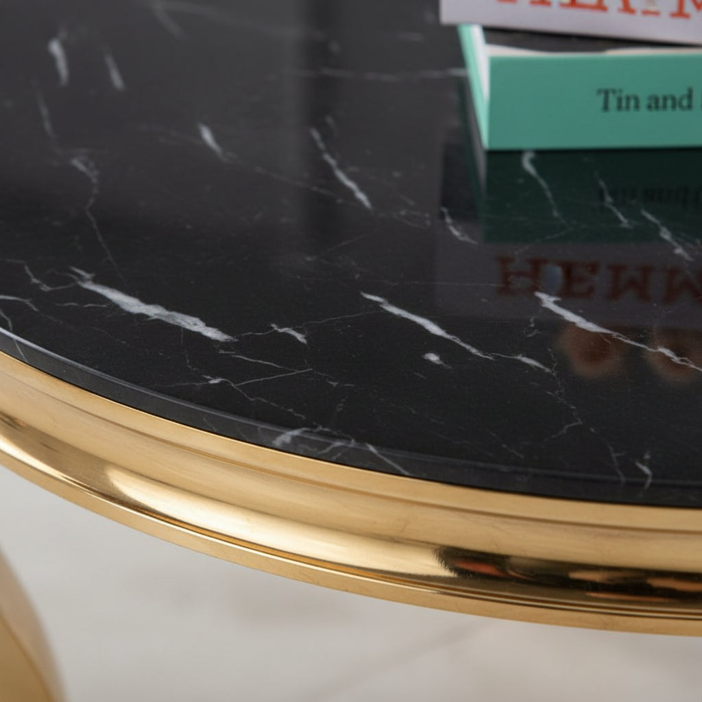 Table basse ronde baroque Gold et plateau en verre MARBRE NOIR de 80 cm