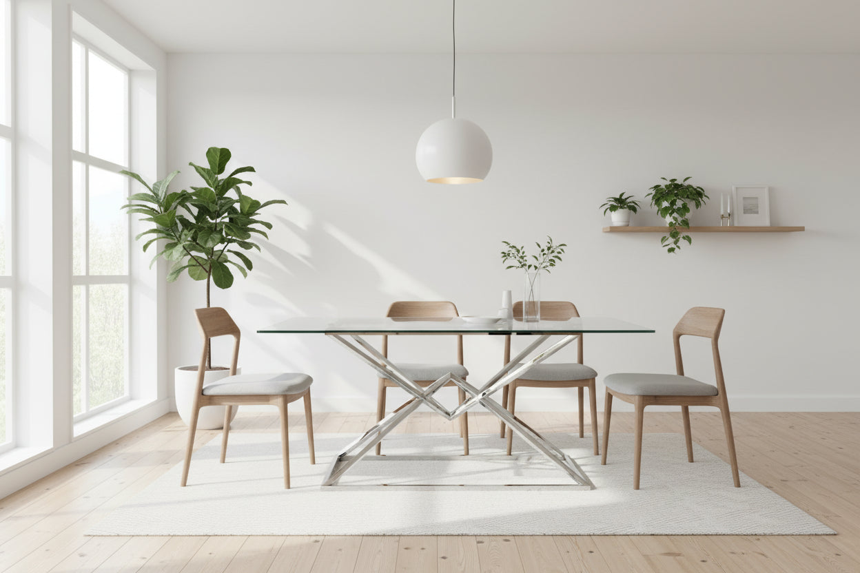 Table à Manger en Verre Transparent & Chrome – 150×90×75 cm – PYRAMIDE