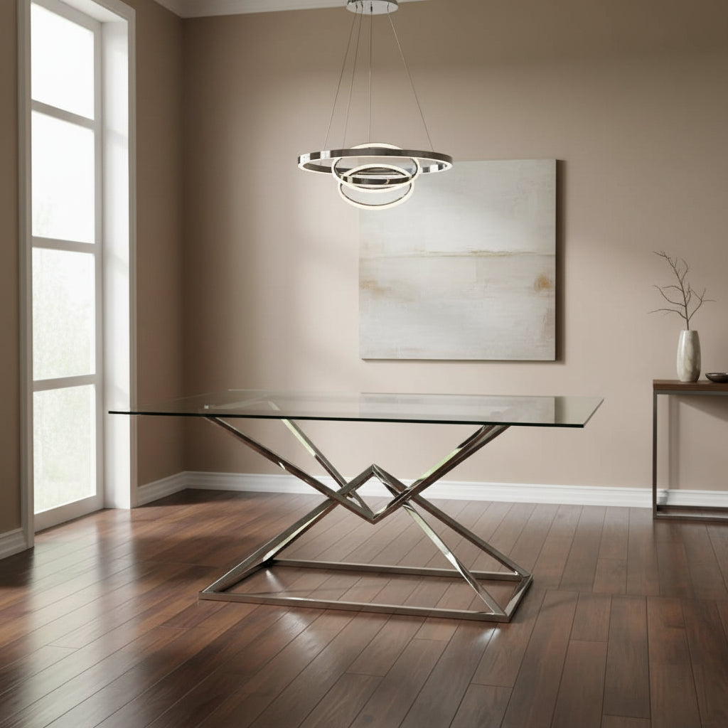 Table à Manger en Verre Transparent & Chrome – 150×90×75 cm – PYRAMIDE