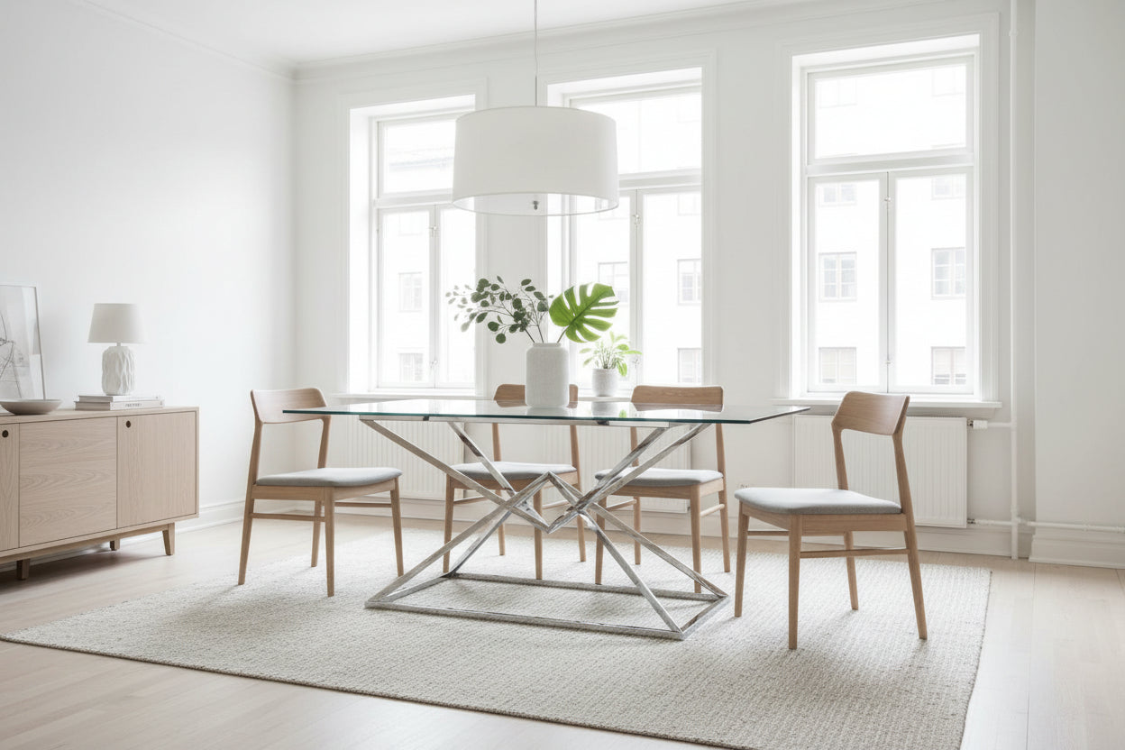 Table à Manger en Verre Transparent & Chrome – 150×90×75 cm – PYRAMIDE