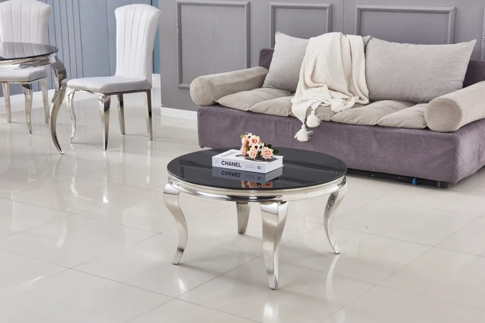 Table Basse BAROQUE Ronde Plateau Verre Trempé Noir Structure Chrome D80x45cm