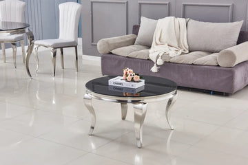 Table Basse BAROQUE Ronde Plateau Verre Trempé Noir Structure Chrome D80x45cm