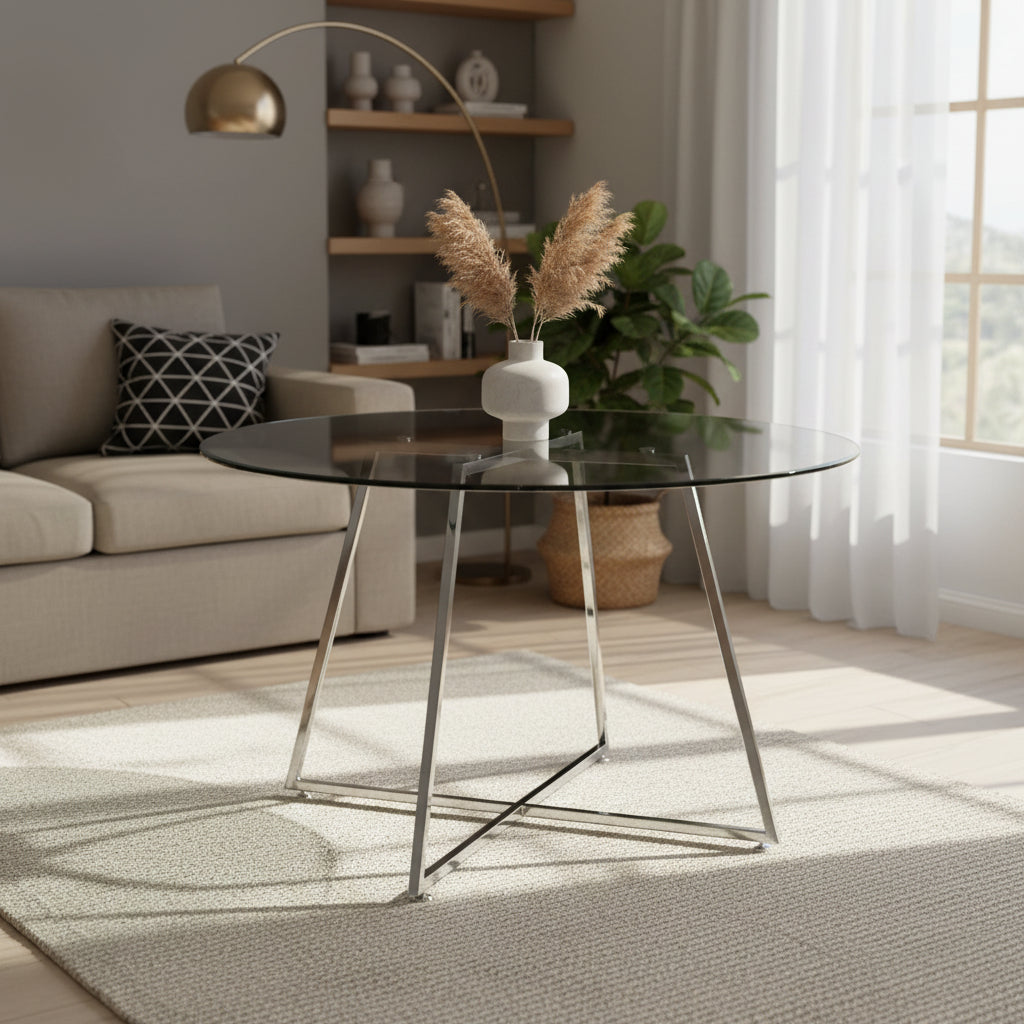 Table à manger ronde HELOISE Chrome - Plateau Transparent D120 cm