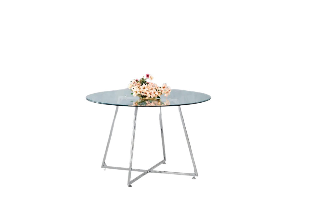 Table à manger ronde HELOISE Chrome - Plateau Transparent D120 cm