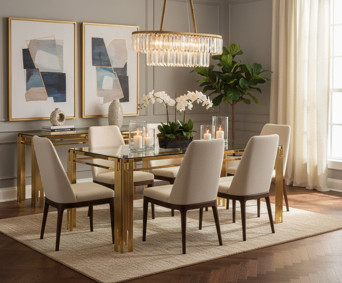 Table à manger FLUTE Gold Plateau en verre #couleur_transparent