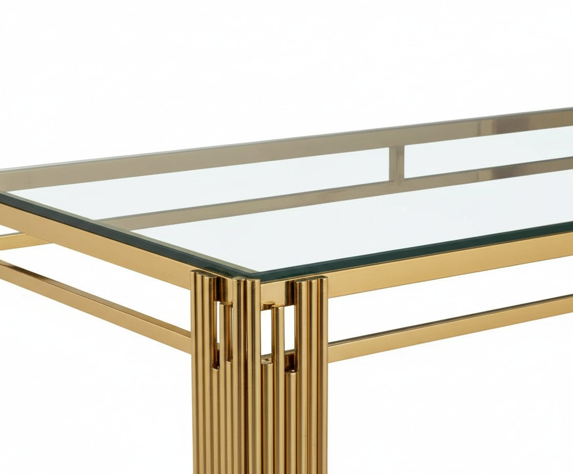Table à manger Rectangulaire Gold Plateau en verre Transparent - 180x90x75 cm - FLUTE