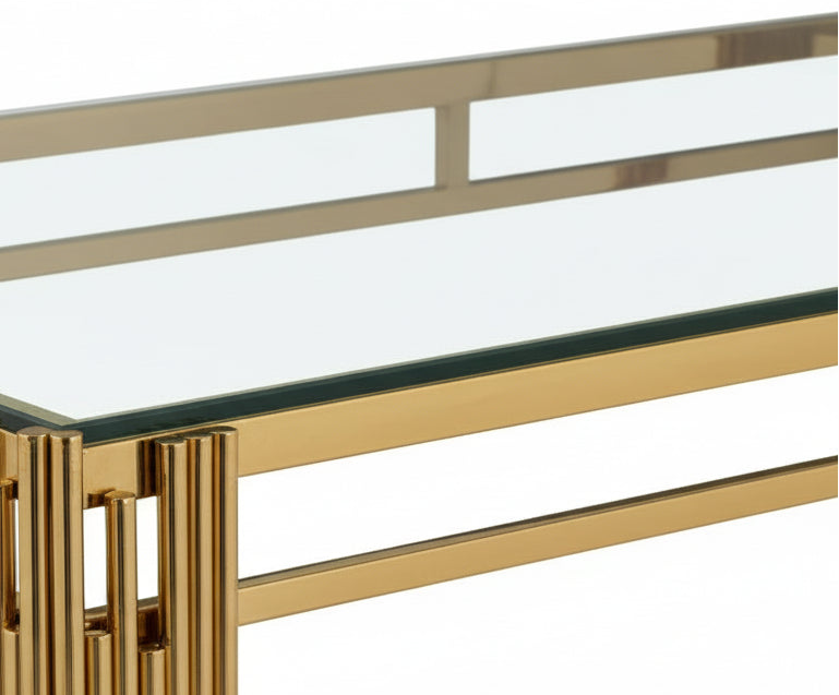 Table à manger Rectangulaire Gold Plateau verre Transparent - 150x90x75 cm - FLUTE
