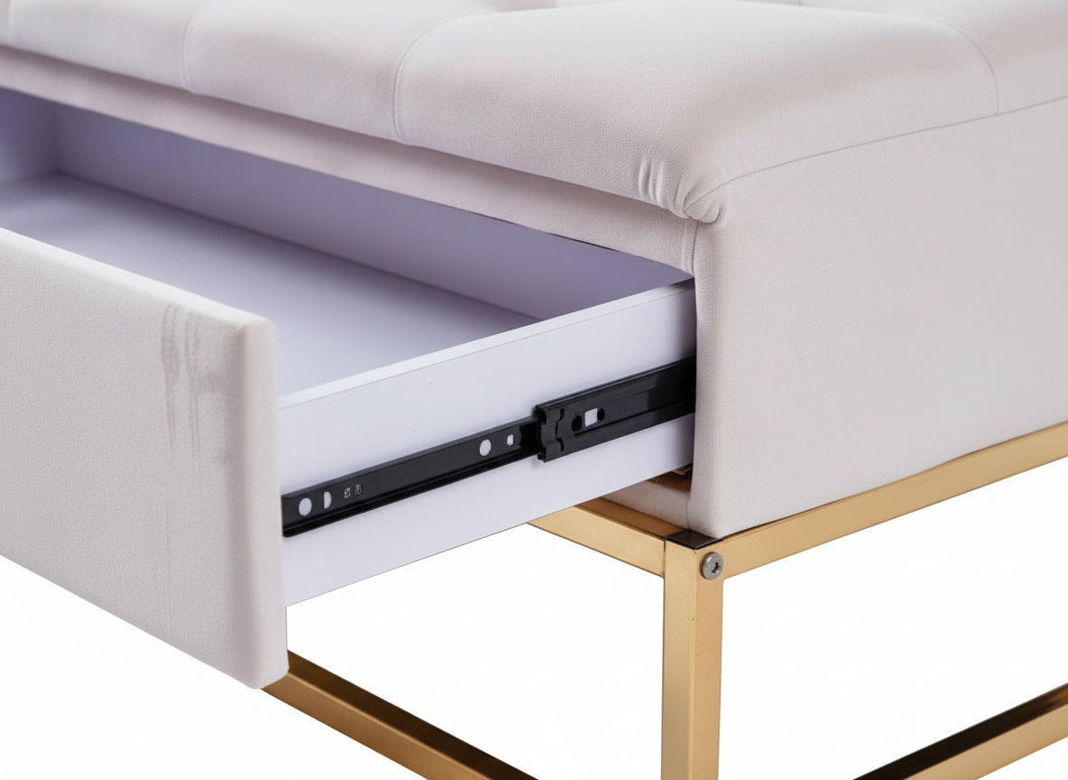 Pouf Coffre TIROIRS Carré Plateau Velours Capitonné Écru 80x80x43cm 2 Tiroirs