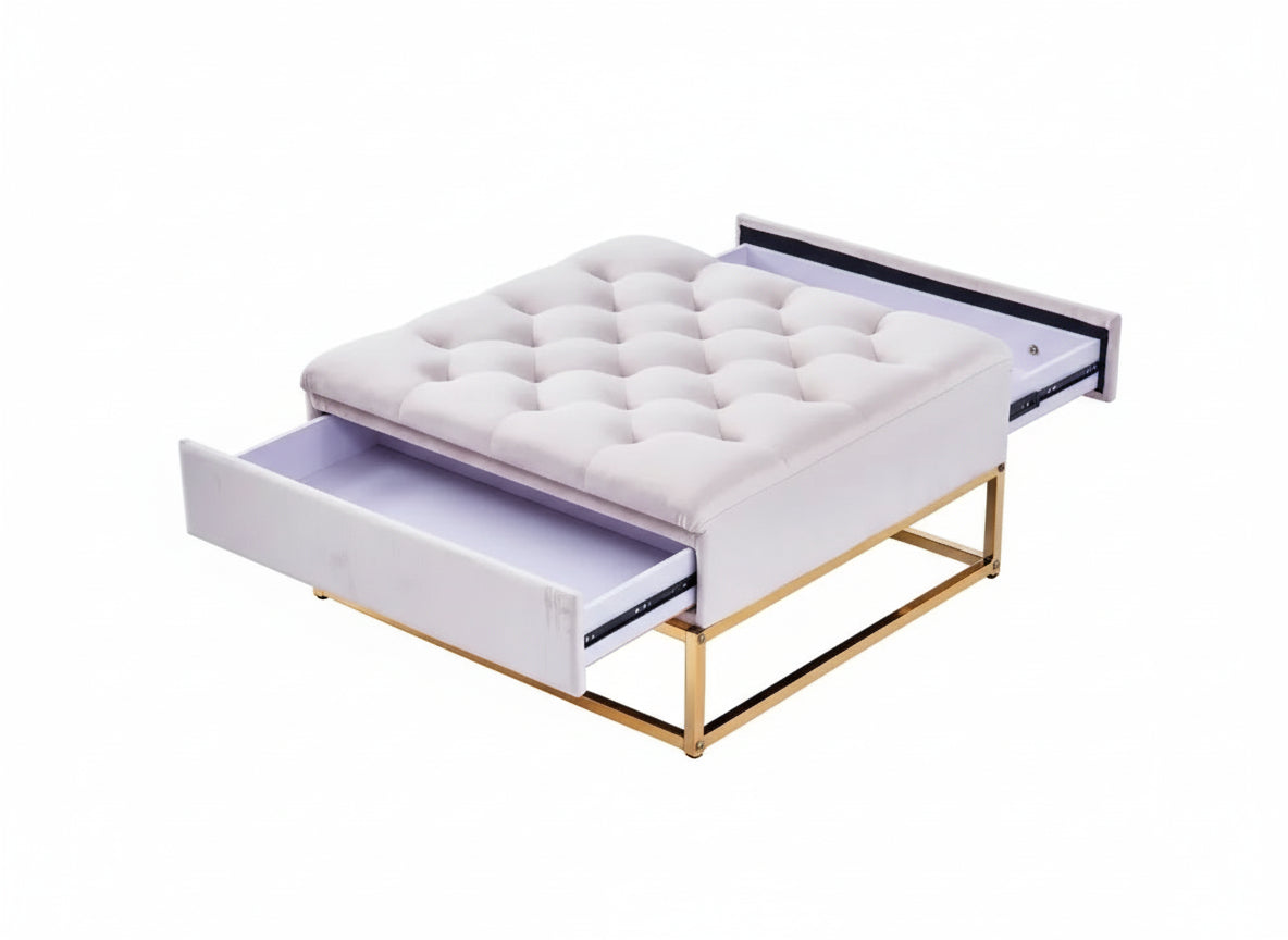 Pouf Coffre TIROIRS Carré Plateau Velours Capitonné Écru 80x80x43cm 2 Tiroirs