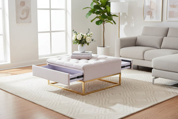 Pouf Coffre TIROIRS Carré Plateau Velours Capitonné Écru 80x80x43cm 2 Tiroirs