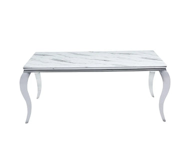 Table à manger BAROQUE 4 à 6 couverts pieds chrome plateau en verre 150x90 cm #couleur_marbré-blanc