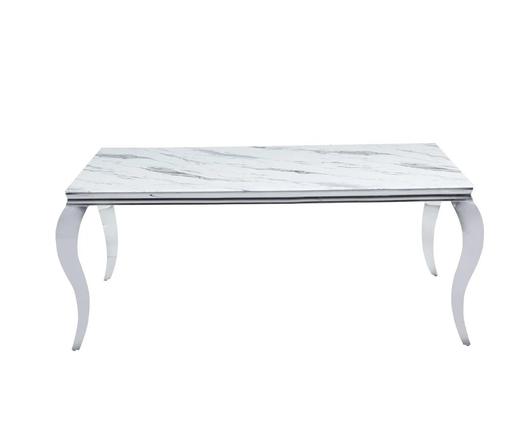 Table à manger BAROQUE 6 à 8 couverts pieds chrome plateau en verre 180x90 cm #couleur_marbré-blanc