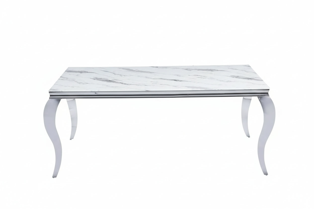 Table à manger BAROQUE 6 à 8 couverts pieds chrome plateau en verre 180x90 cm #couleur_marbré-blanc