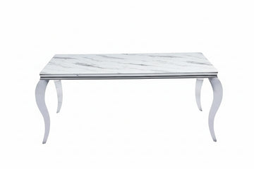 Table à manger BAROQUE 6 à 8 couverts pieds chrome plateau en verre 180x90 cm #couleur_marbré-blanc