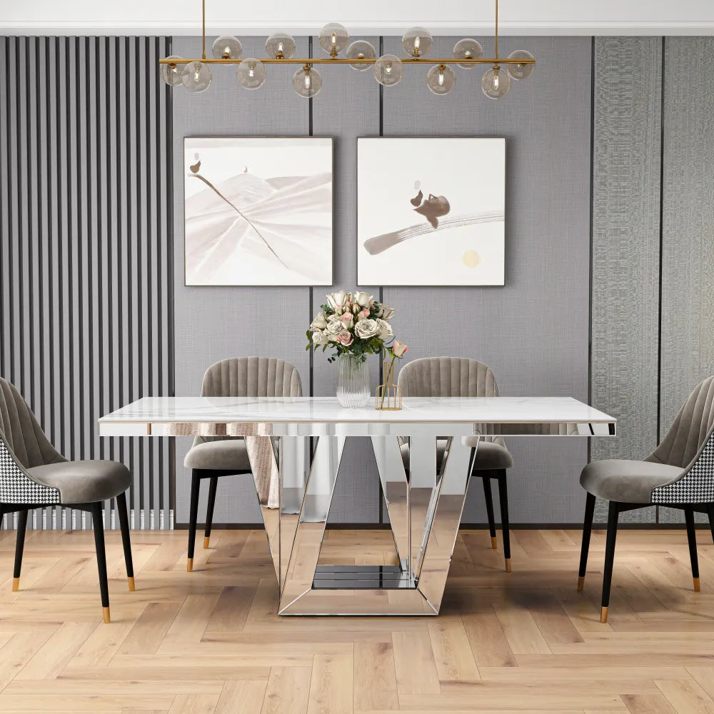 Table à manger ELEGANCE miroir plateau marbre blanc