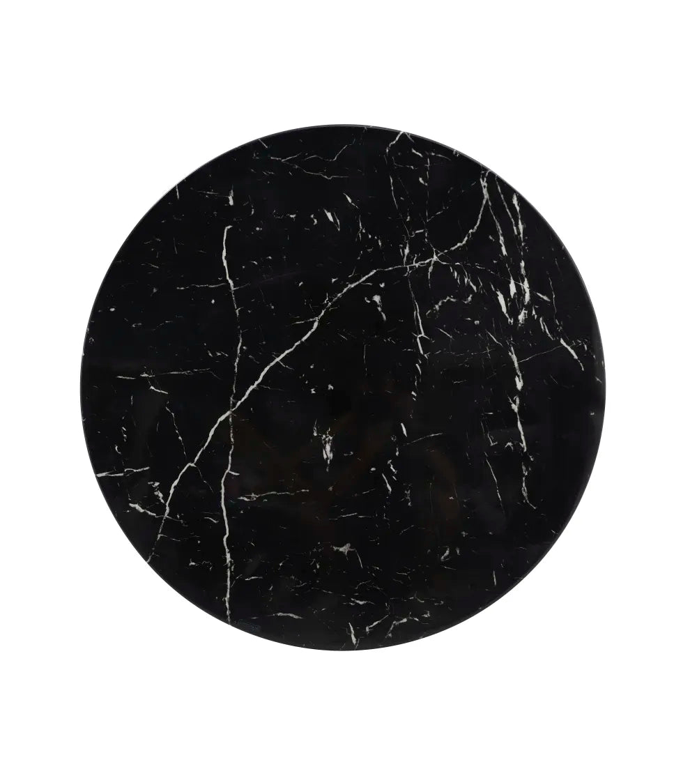 Table Basse LORIE Ronde Plateau Verre Trempé Marbré Noir Structure Métal Chrome D90x45cm