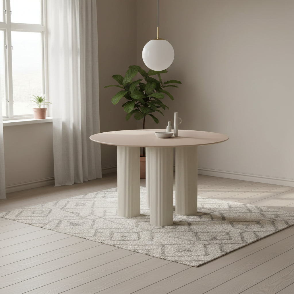 Table repas ronde céramique beige brillant 120 cm pieds beiges – ANAIS