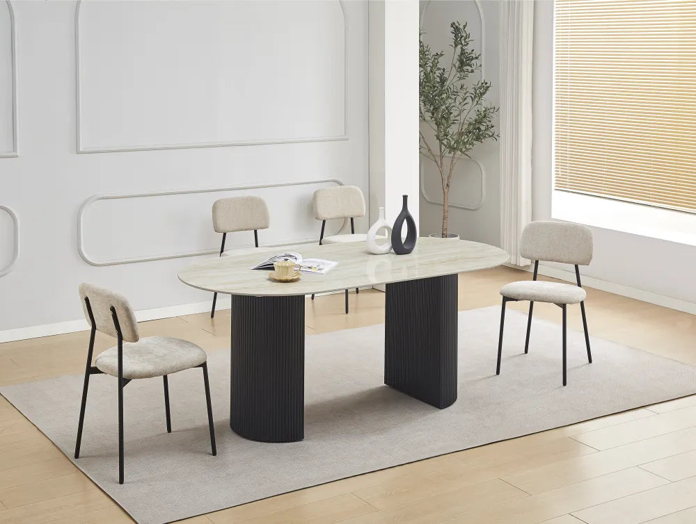 Table à Manger Céramique Travertin Brillant Métal Noir 180 cm 6-8 Personnes – ANNA
