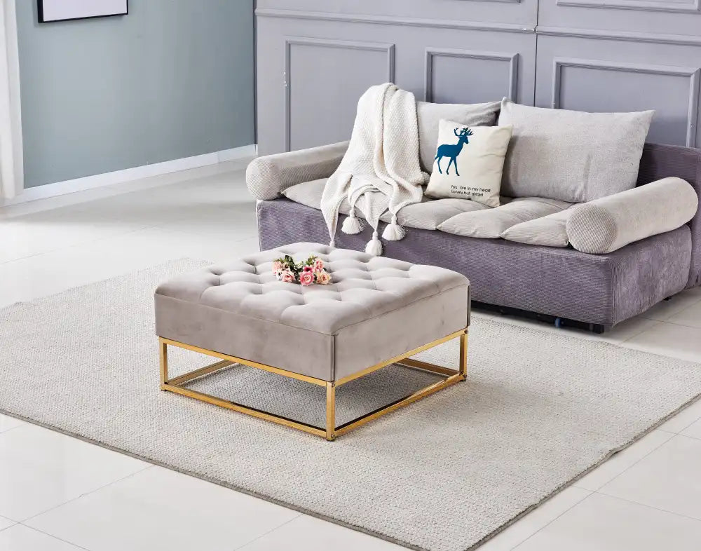 Pouf Coffre TIROIRS Carré Plateau Velours Capitonné Moka 80x80x43cm 2 Tiroirs