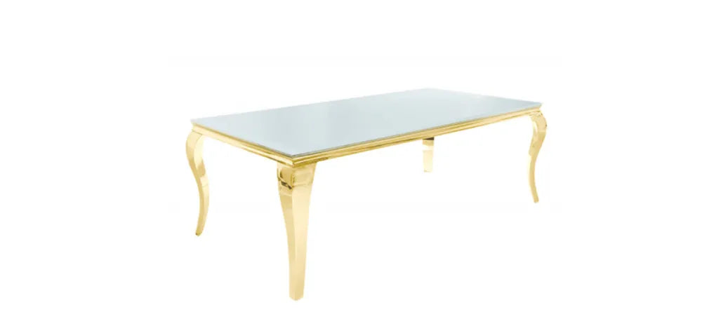 Table à manger BAROQUE 6 à 8 couverts 180x90 cm pieds gold plateau en verre blanc