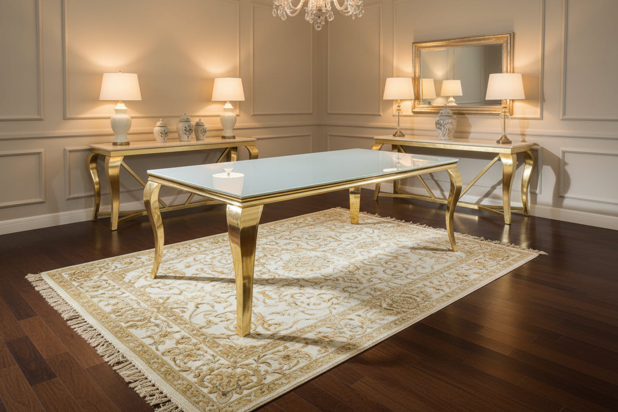 Table à manger BAROQUE 6 à 8 couverts 180x90 cm pieds gold plateau en verre blanc