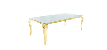 Table à manger BAROQUE 6 à 8 couverts 180x90 cm pieds gold plateau en verre blanc