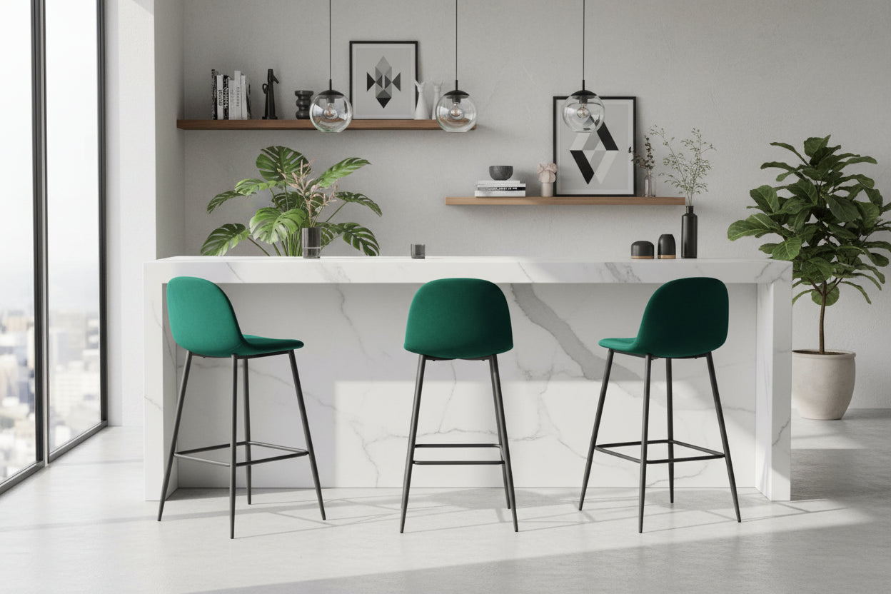 Lot 2 Tabourets de Bar Scandinave Velours Vert Pieds Métal Noir