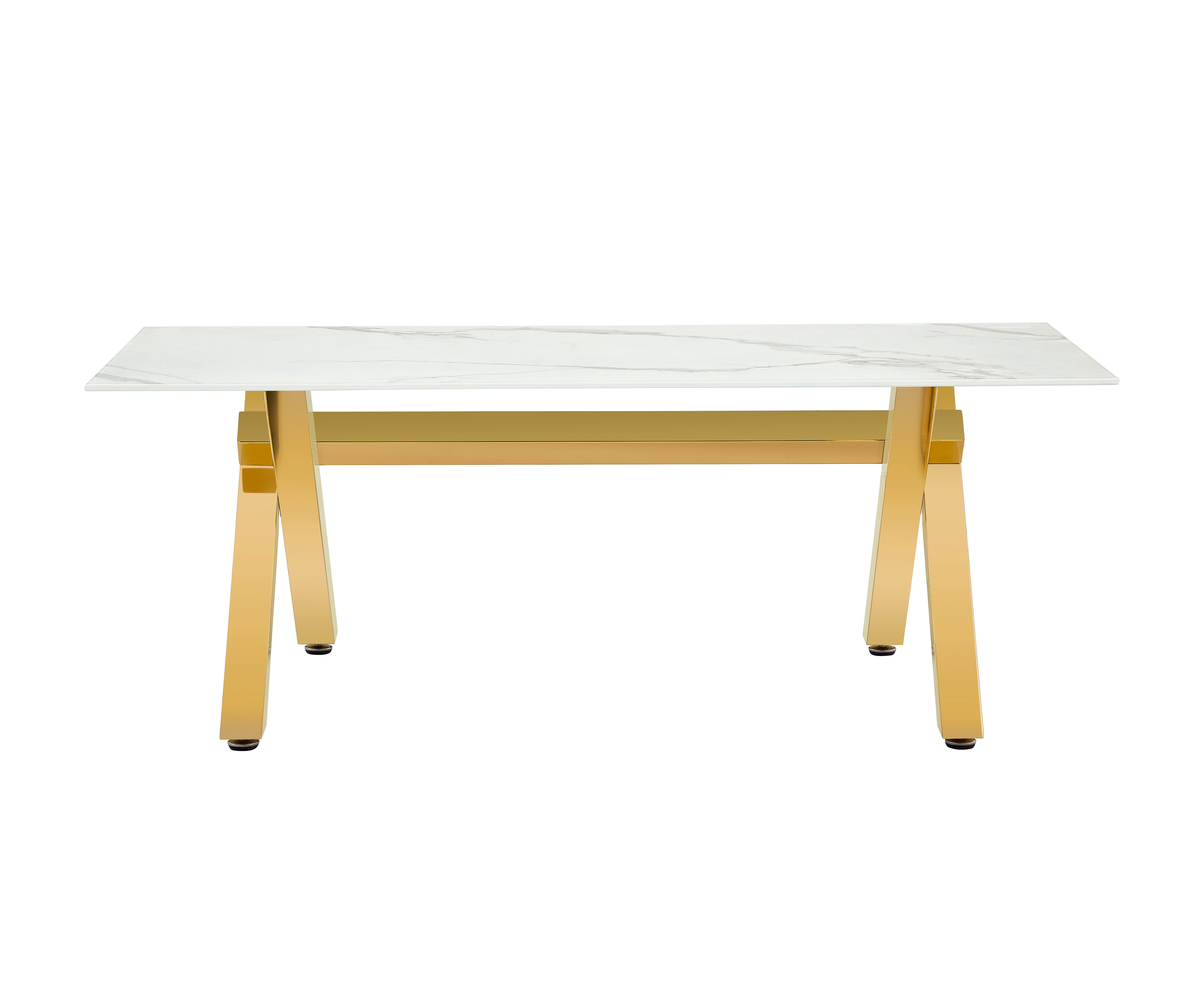 Table Basse IXE Métal Gold Plateau Verre Trempé Marbré Blanc 120x60x45cm