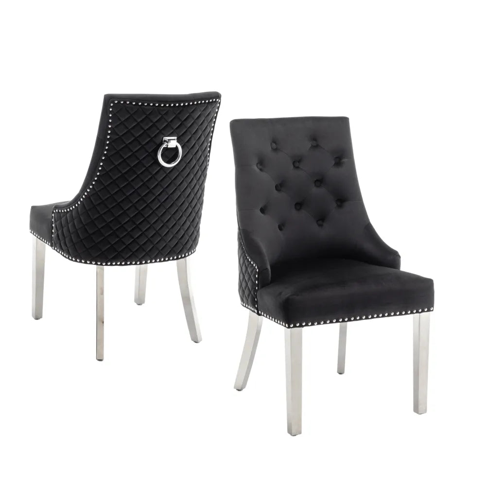 Lot de 2 chaises ANNEAU matelassée et cloutée Chrome velours - Noir