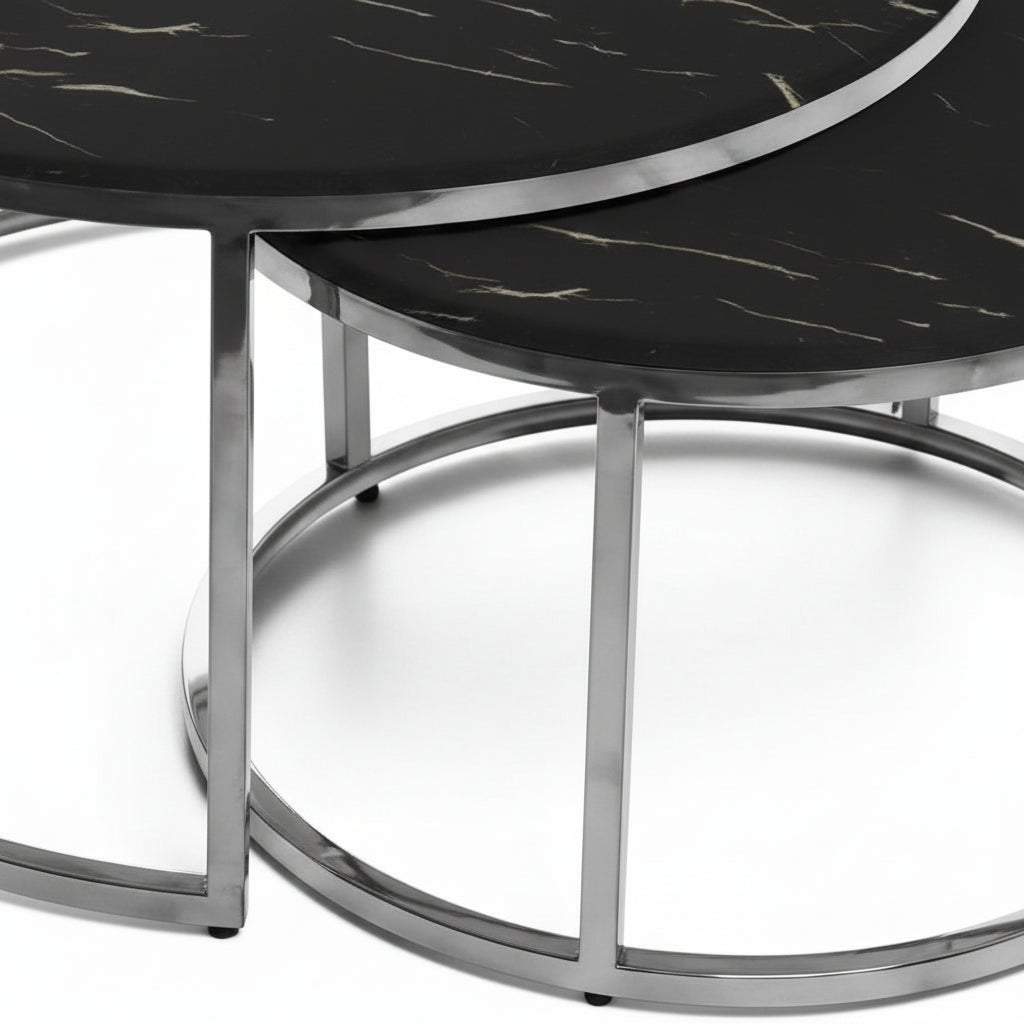 Lot de 2 tables Basses Gigogne ARTO inox et plateau en verre MARBRE NOIR