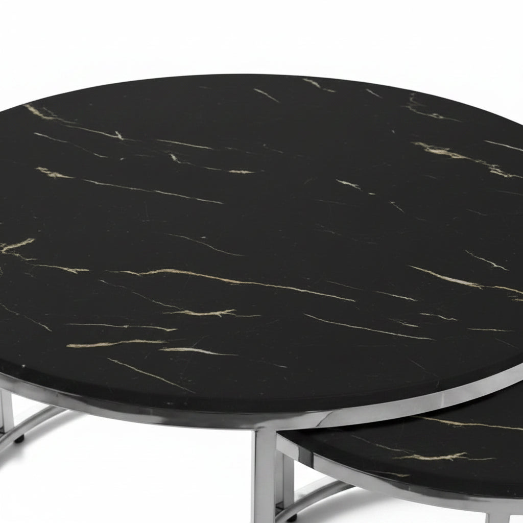 Lot de 2 tables Basses Gigogne ARTO inox et plateau en verre MARBRE NOIR
